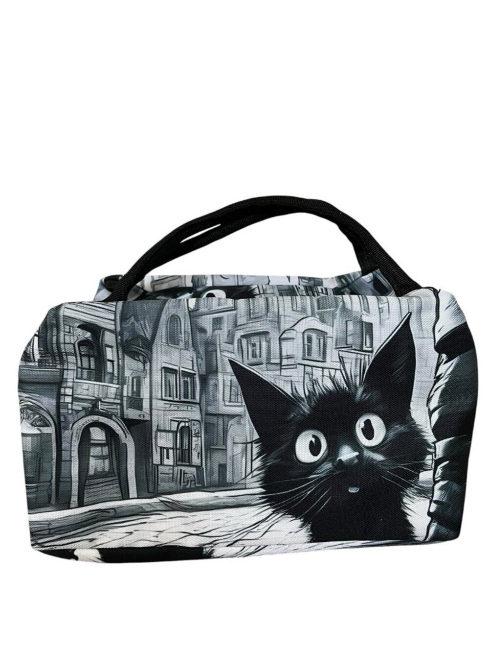 Black Cat Big Eyes Lunch Tote Bag Insulated Double Handles Zips New - Picture 3 of 8